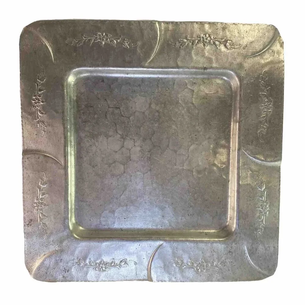 EMPC Hammered Aluminum Tray Square Intaglio Design 50s Floral Wall Hang 13